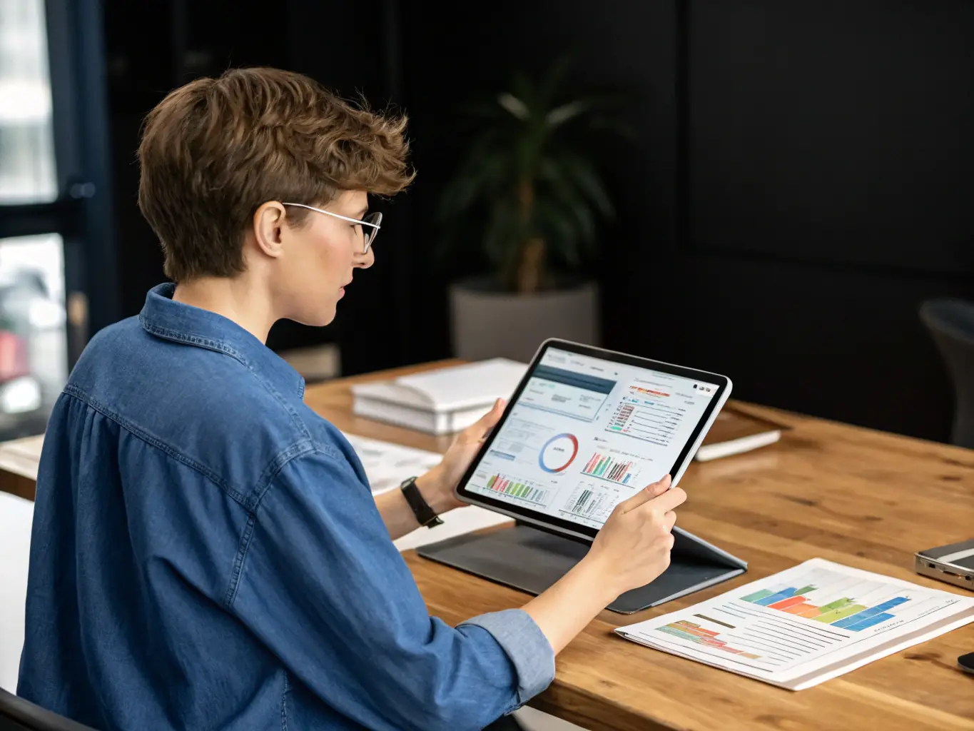 An image showing a business professional using a digital dashboard to manage corporate cards on a tablet, focusing on the user-friendly interface and real-time data visualization.